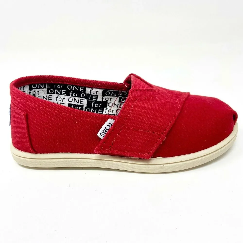 Toms Classics Red Tiny Toddler Slip On Casual Canvas Flat Shoes